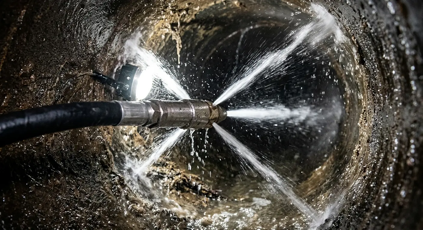 High-pressure hydro jetting nozzle cleaning sewer pipe for Emergency Drain Service in Olive Branch