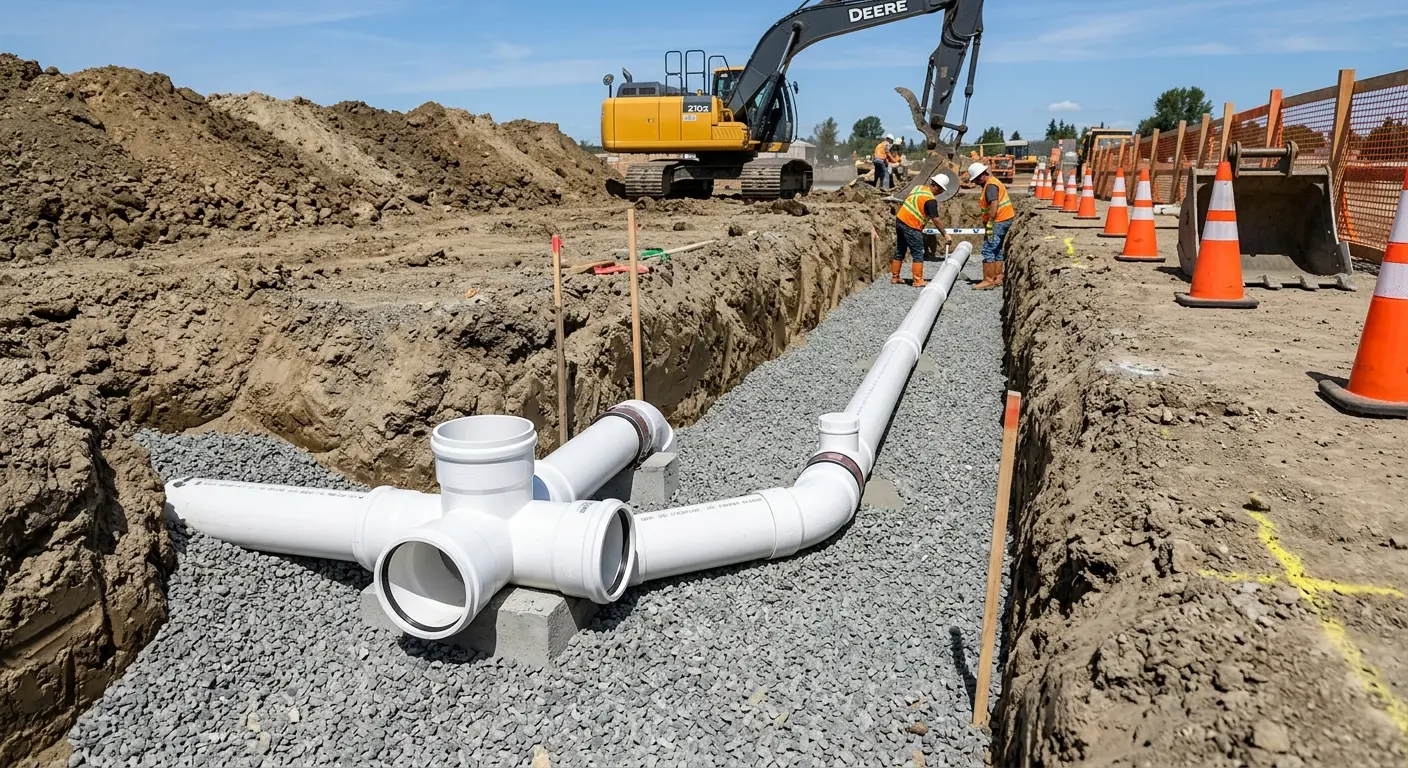 New PVC sewer pipe installation in open trench for Commercial Drain Cleaning in Olive Branch