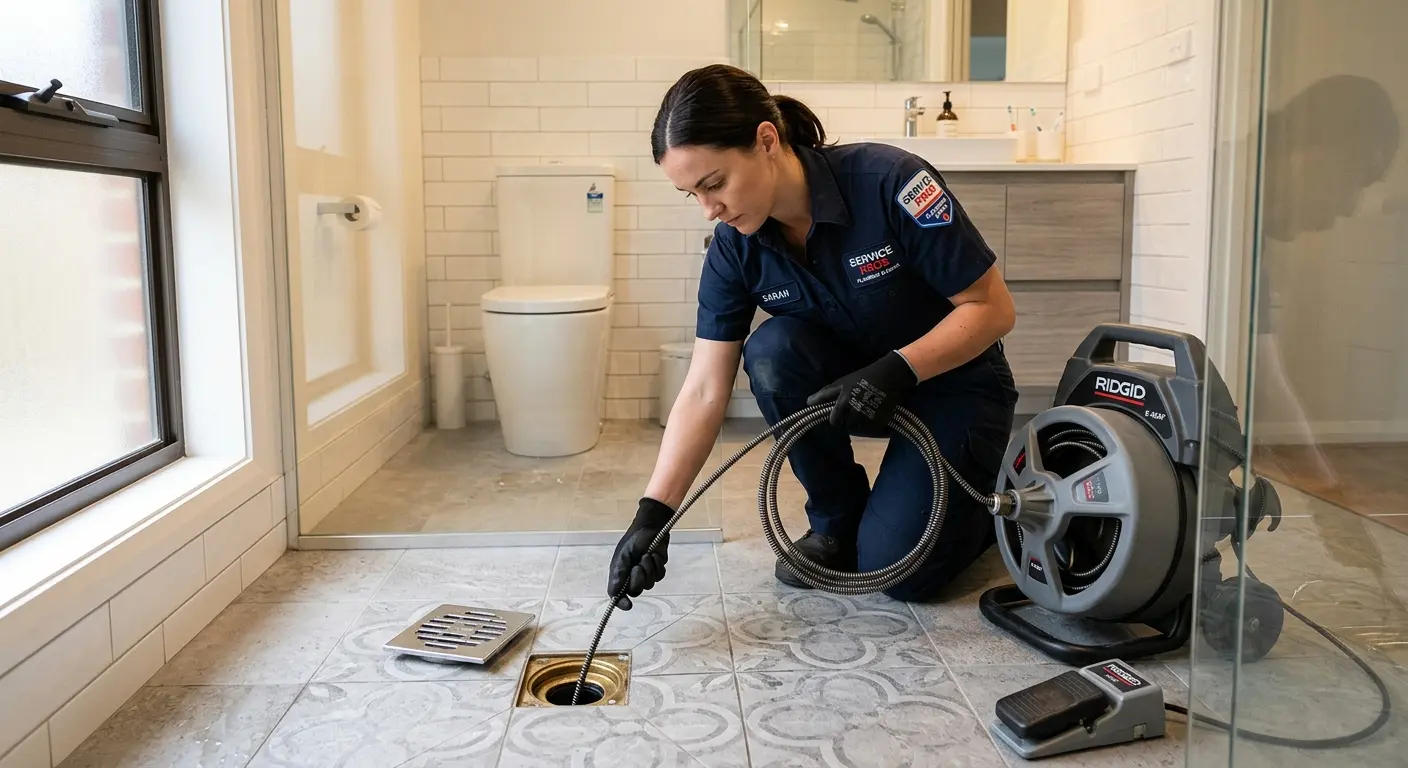 Technician clearing a bathroom floor drain for Drain Cleaning in Olive Branch
